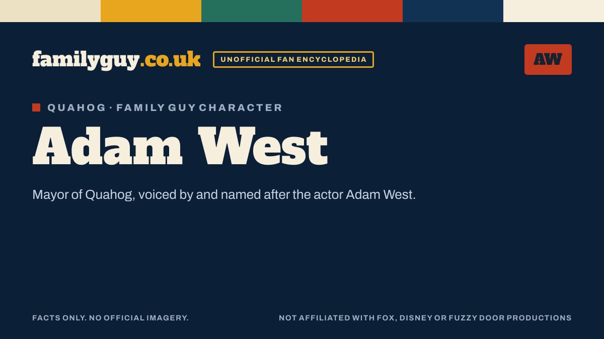 Adam West monogram card in the familyguy.co.uk design