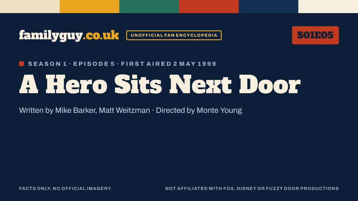 A Hero Sits Next Door, Family Guy S01E05, title card in the familyguy.co.uk design
