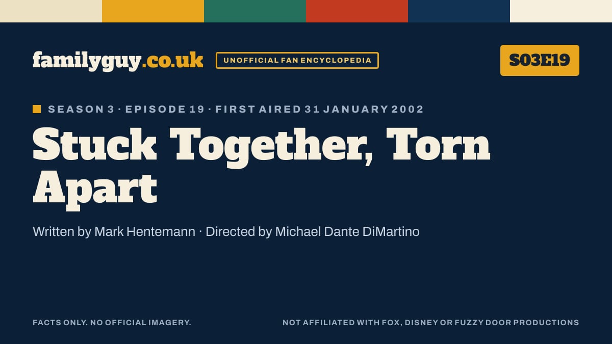 Stuck Together, Torn Apart, Family Guy S03E19, title card in the familyguy.co.uk design