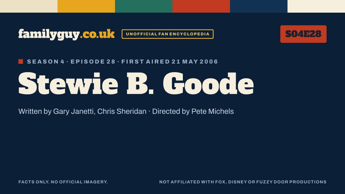 Stewie B. Goode, Family Guy S04E28, title card in the familyguy.co.uk design
