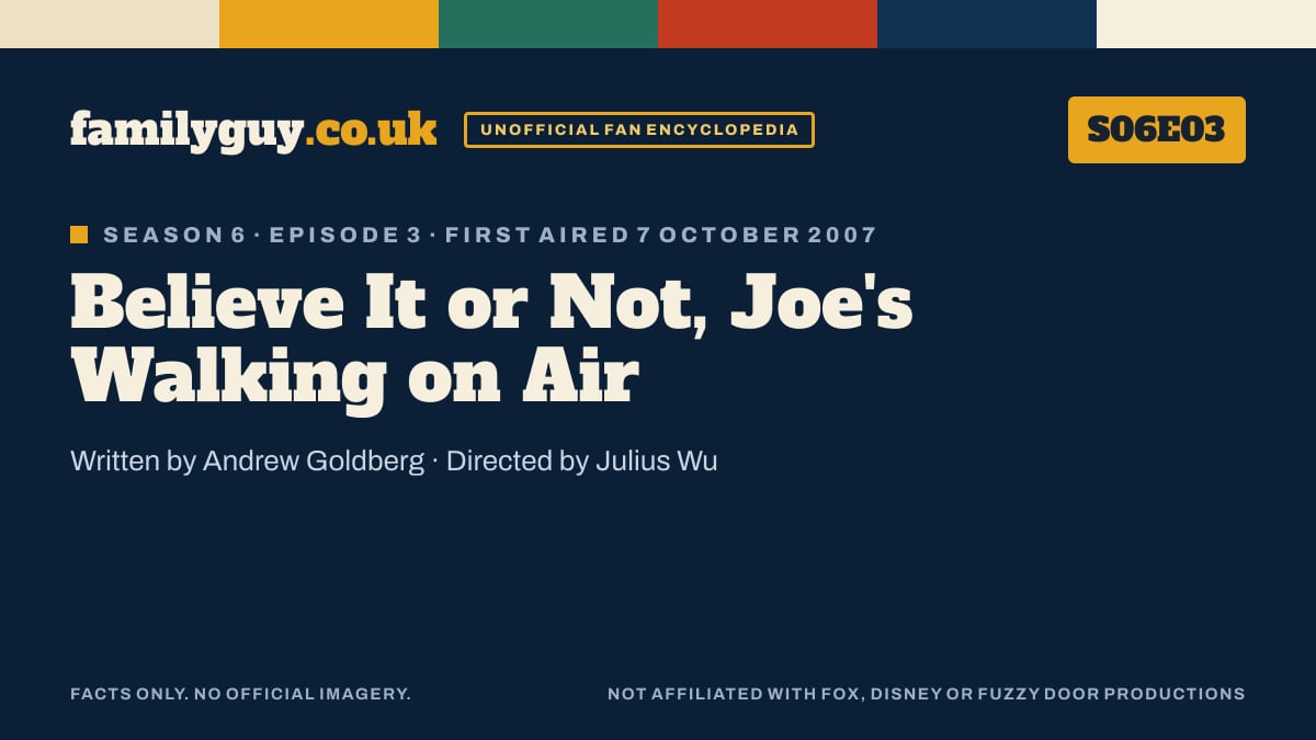 Believe It or Not, Joe's Walking on Air, Family Guy S06E03, title card in the familyguy.co.uk design