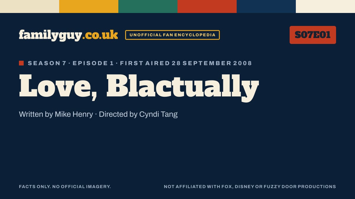 Love, Blactually, Family Guy S07E01, title card in the familyguy.co.uk design