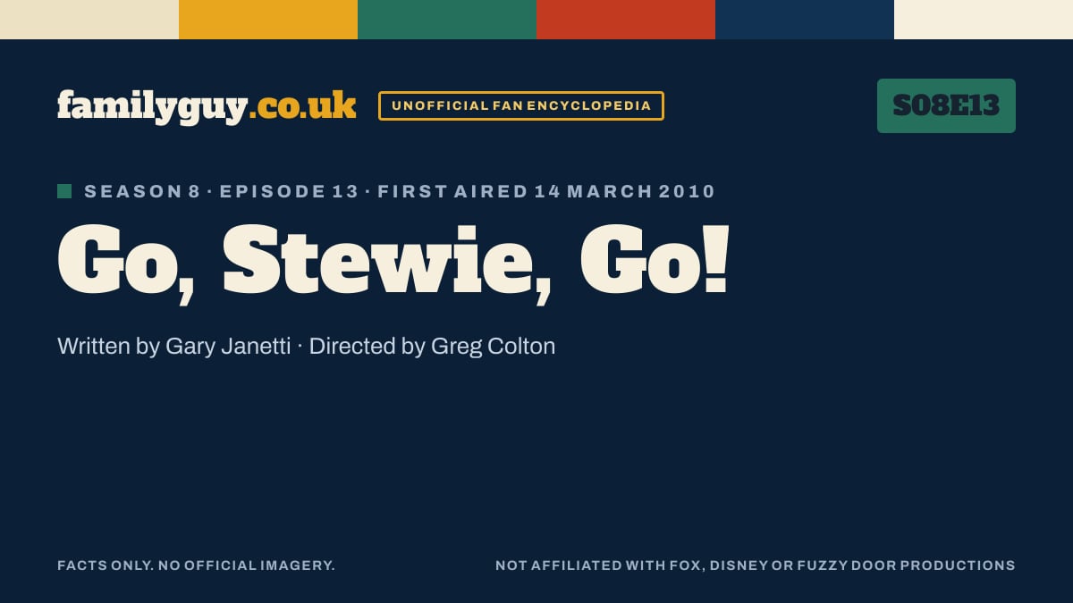 Go, Stewie, Go!, Family Guy S08E13, title card in the familyguy.co.uk design