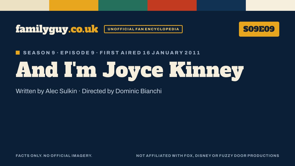 And I'm Joyce Kinney, Family Guy S09E09, title card in the familyguy.co.uk design