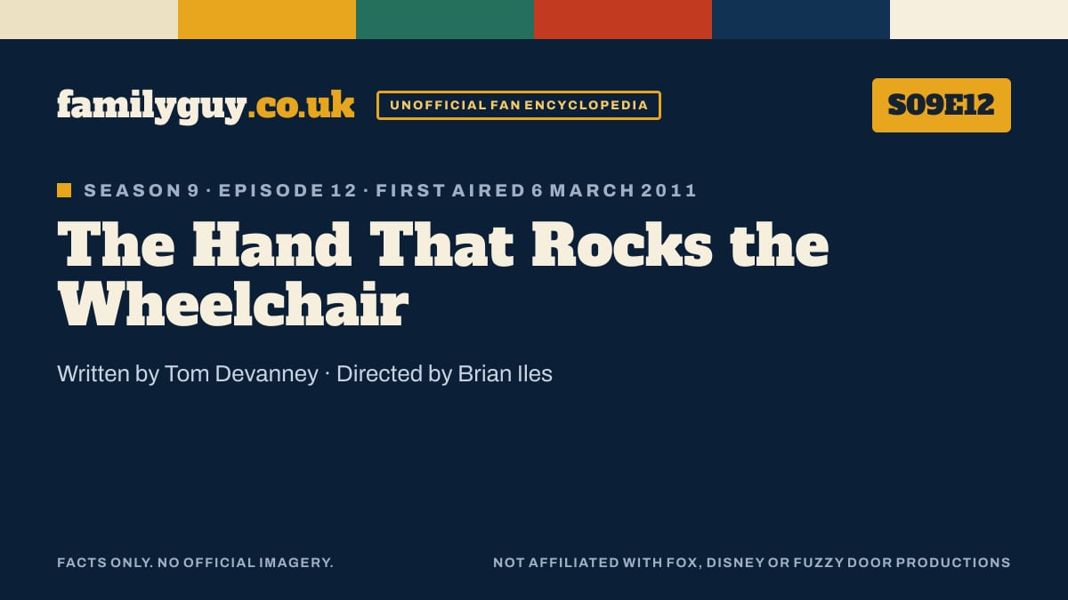 The Hand That Rocks the Wheelchair, Family Guy S09E12, title card in the familyguy.co.uk design
