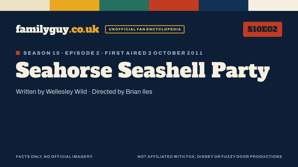 Seahorse Seashell Party, Family Guy S10E02, title card in the familyguy.co.uk design