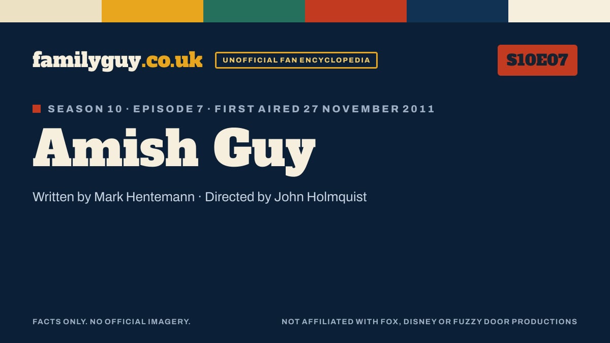 Amish Guy, Family Guy S10E07, title card in the familyguy.co.uk design