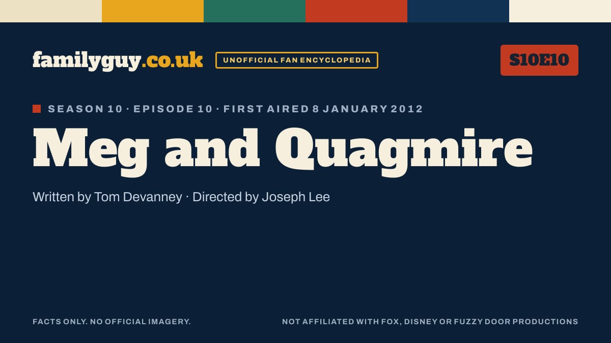 Meg and Quagmire, Family Guy S10E10, title card in the familyguy.co.uk design