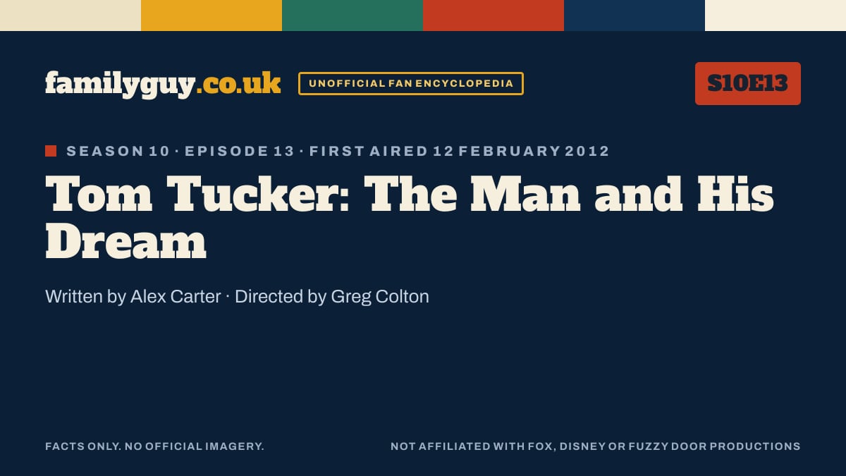 Tom Tucker: The Man and His Dream, Family Guy S10E13, title card in the familyguy.co.uk design