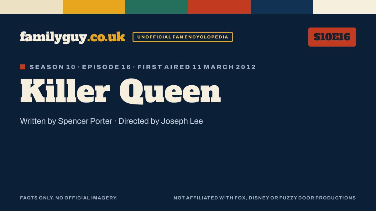 Killer Queen, Family Guy S10E16, title card in the familyguy.co.uk design
