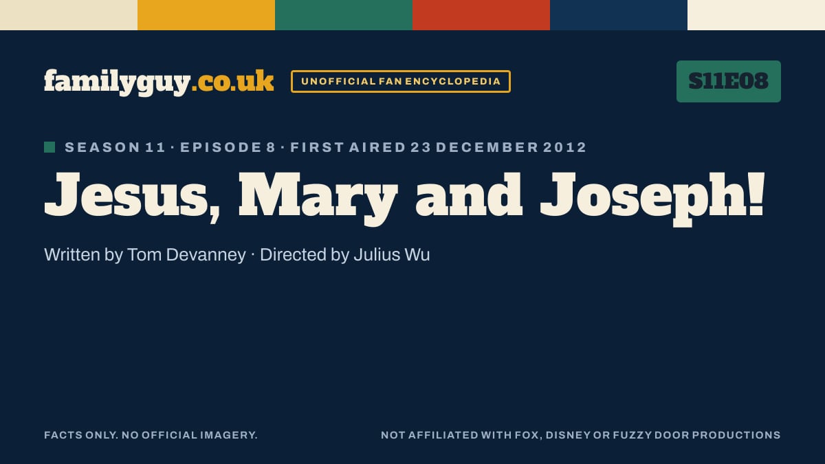 Jesus, Mary and Joseph!, Family Guy S11E08, title card in the familyguy.co.uk design
