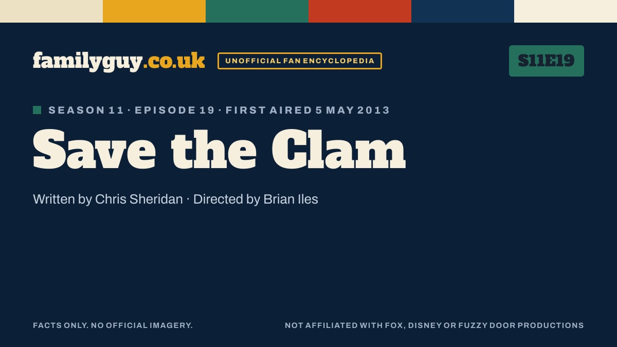 Save the Clam, Family Guy S11E19, title card in the familyguy.co.uk design