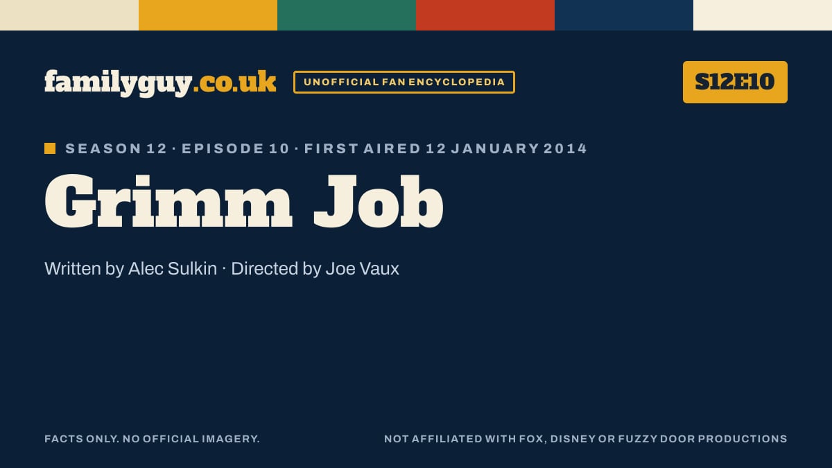 Grimm Job, Family Guy S12E10, title card in the familyguy.co.uk design