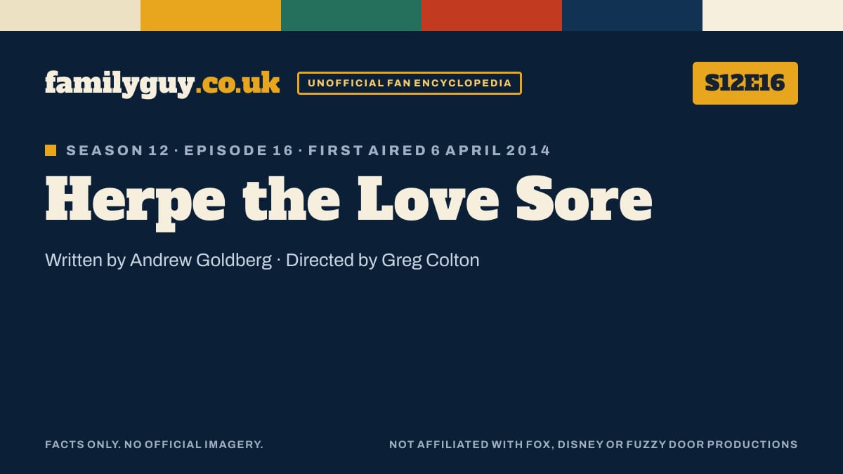 Herpe the Love Sore, Family Guy S12E16, title card in the familyguy.co.uk design