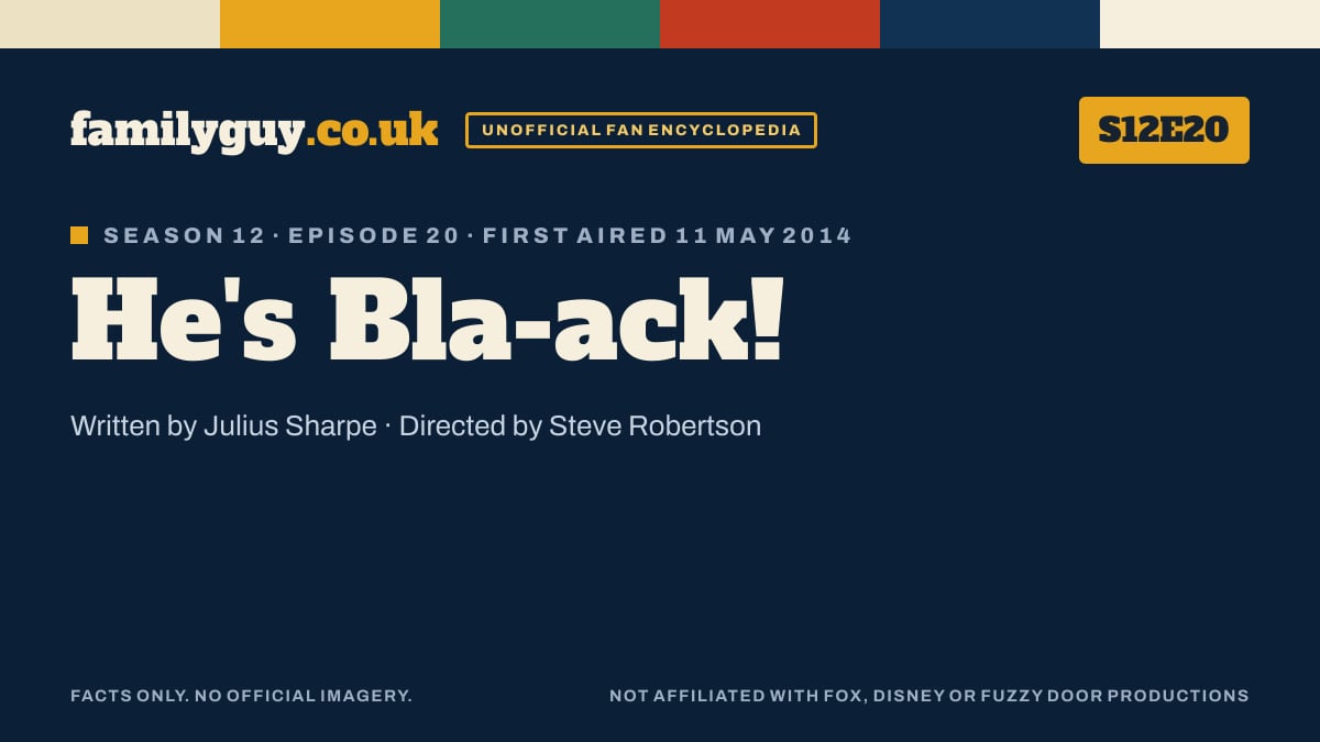 He's Bla-ack!, Family Guy S12E20, title card in the familyguy.co.uk design