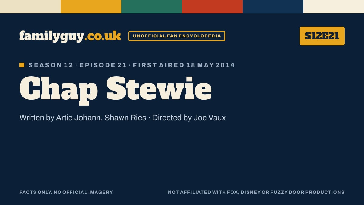Chap Stewie, Family Guy S12E21, title card in the familyguy.co.uk design