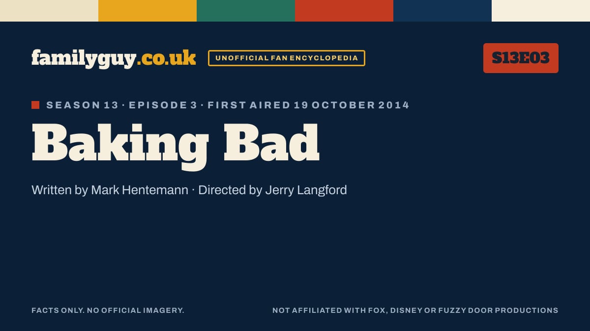 Baking Bad, Family Guy S13E03, title card in the familyguy.co.uk design