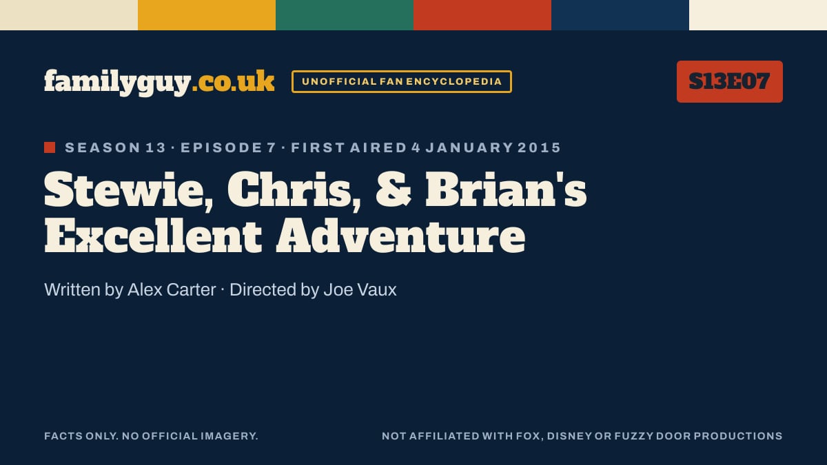 Stewie, Chris, & Brian's Excellent Adventure, Family Guy S13E07, title card in the familyguy.co.uk design