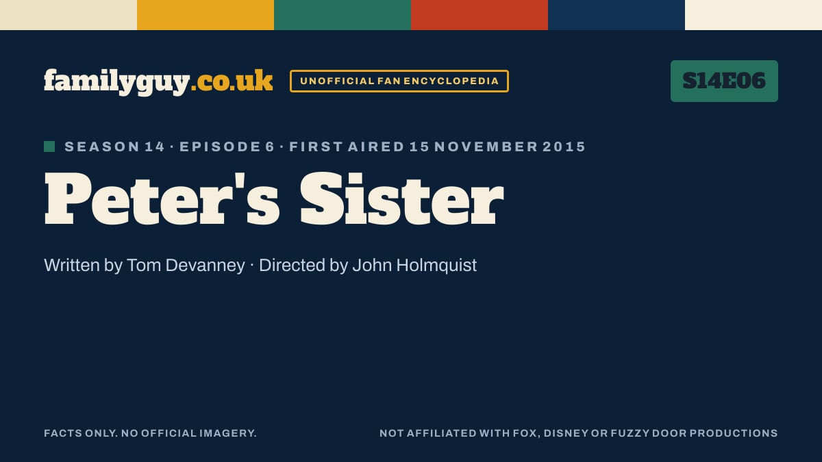 Peter's Sister, Family Guy S14E06, title card in the familyguy.co.uk design