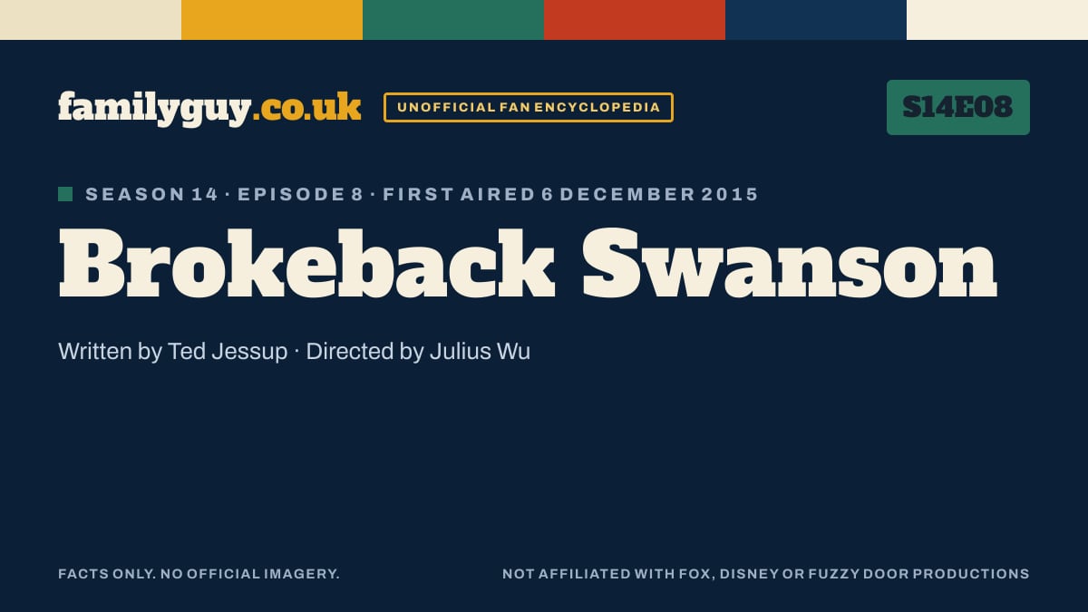 Brokeback Swanson, Family Guy S14E08, title card in the familyguy.co.uk design