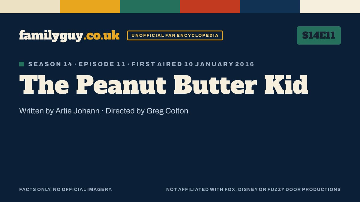 The Peanut Butter Kid, Family Guy S14E11, title card in the familyguy.co.uk design