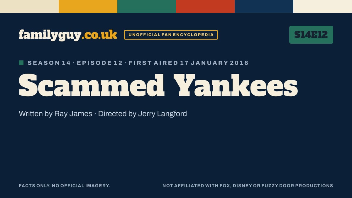 Scammed Yankees, Family Guy S14E12, title card in the familyguy.co.uk design