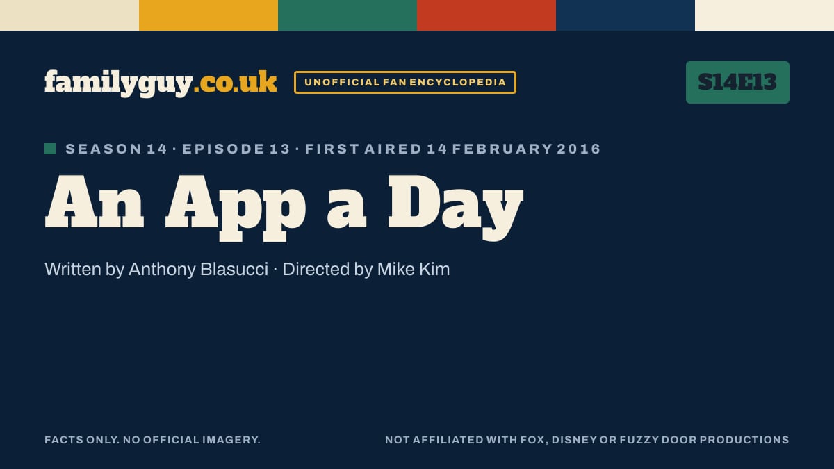 An App a Day, Family Guy S14E13, title card in the familyguy.co.uk design