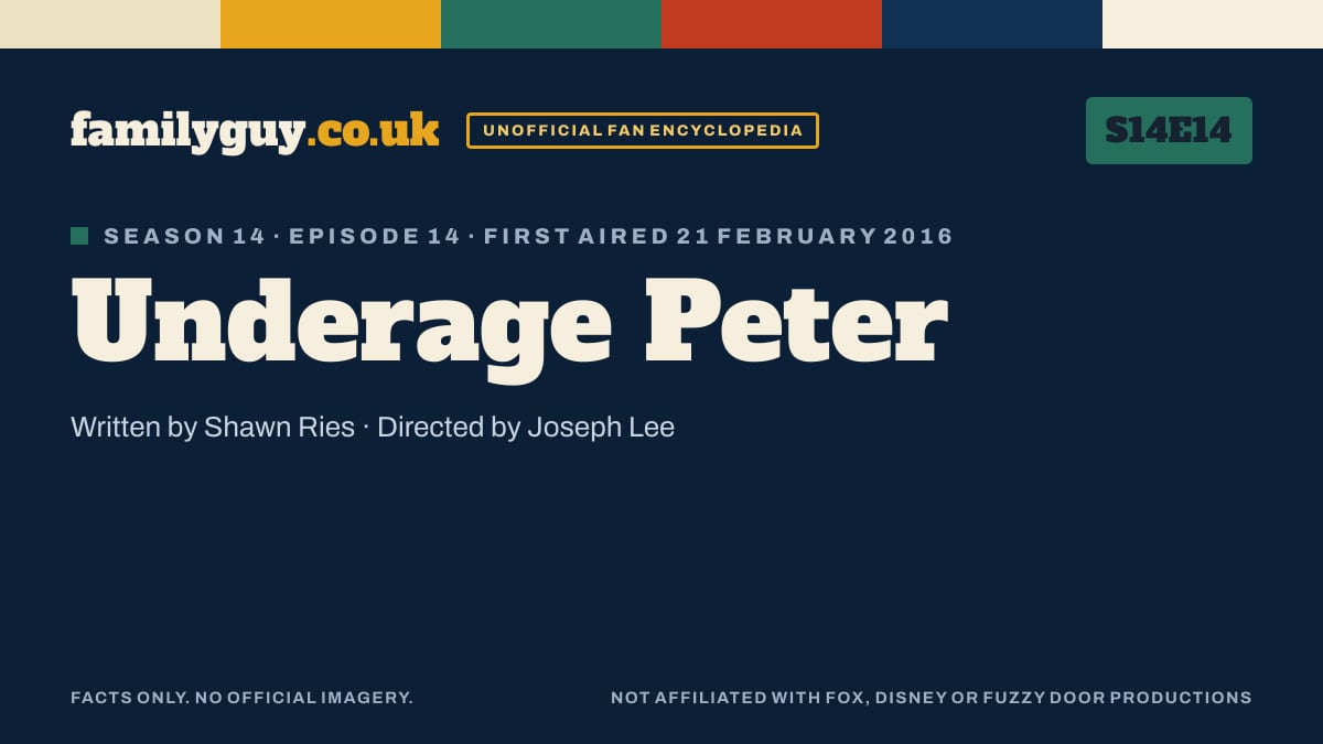 Underage Peter, Family Guy S14E14, title card in the familyguy.co.uk design