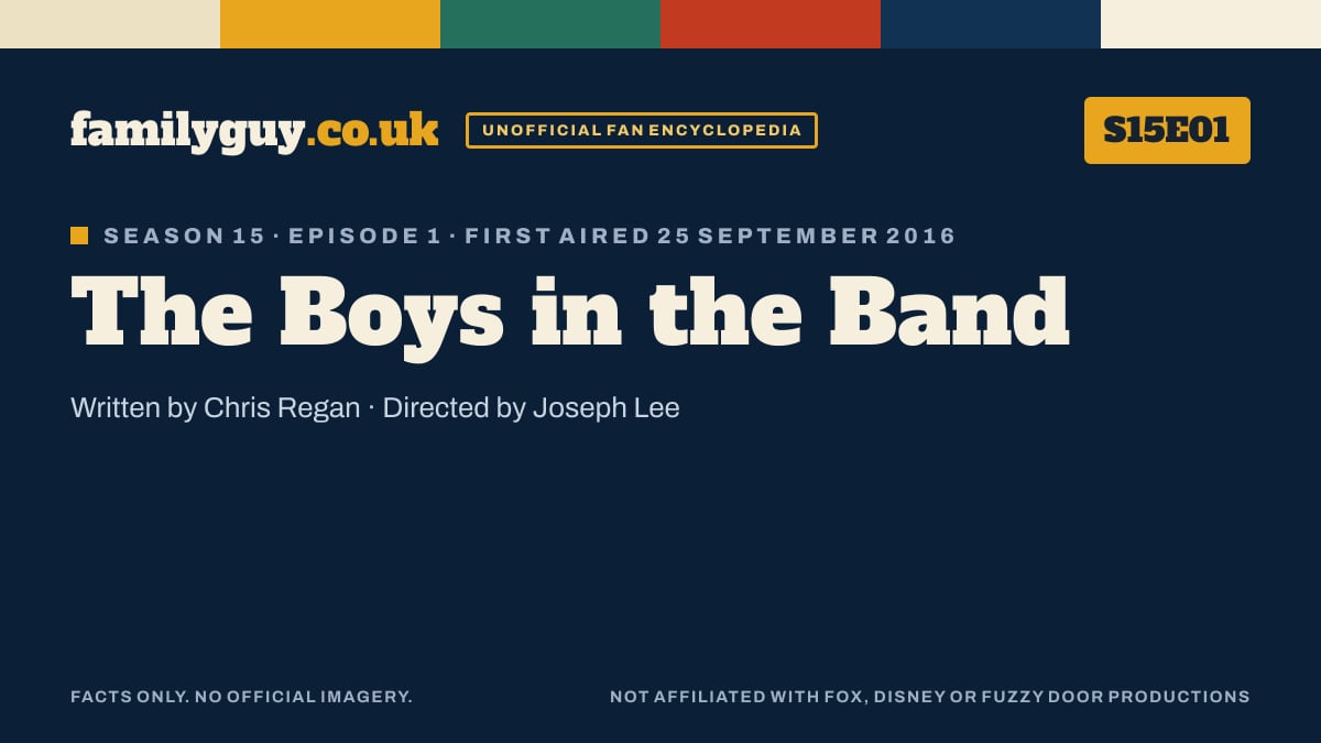 The Boys in the Band, Family Guy S15E01, title card in the familyguy.co.uk design