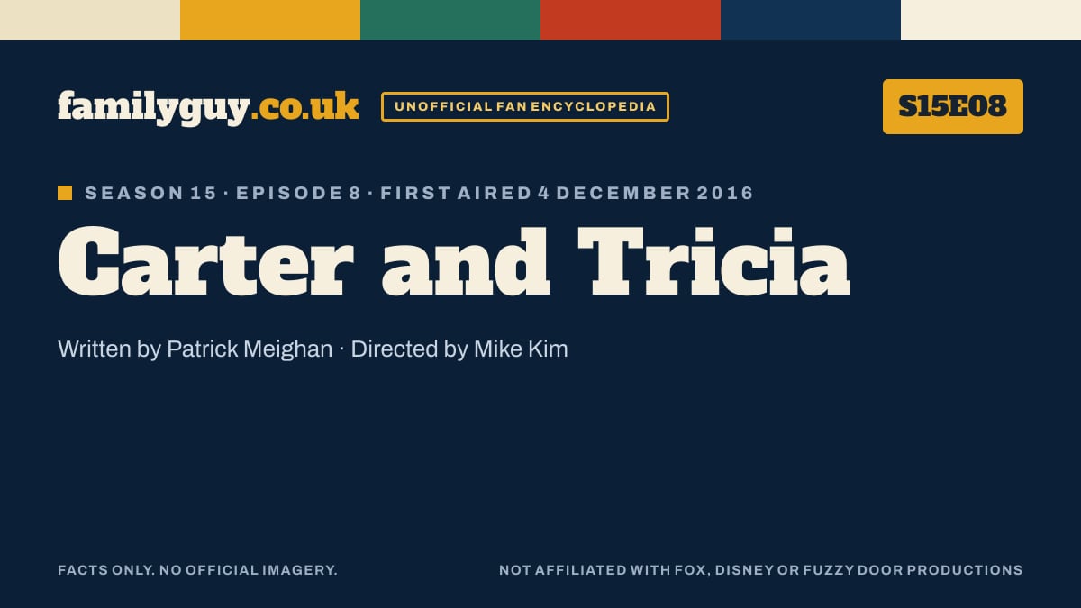 Carter and Tricia, Family Guy S15E08, title card in the familyguy.co.uk design