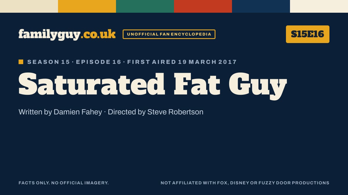 Saturated Fat Guy, Family Guy S15E16, title card in the familyguy.co.uk design