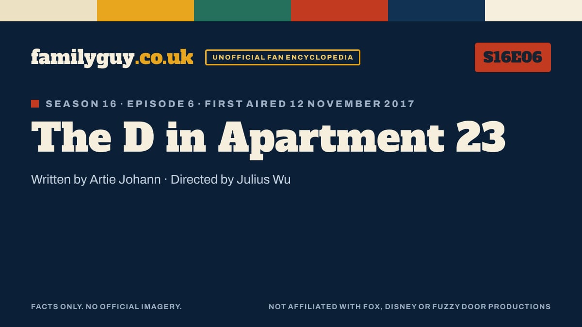 The D in Apartment 23, Family Guy S16E06, title card in the familyguy.co.uk design