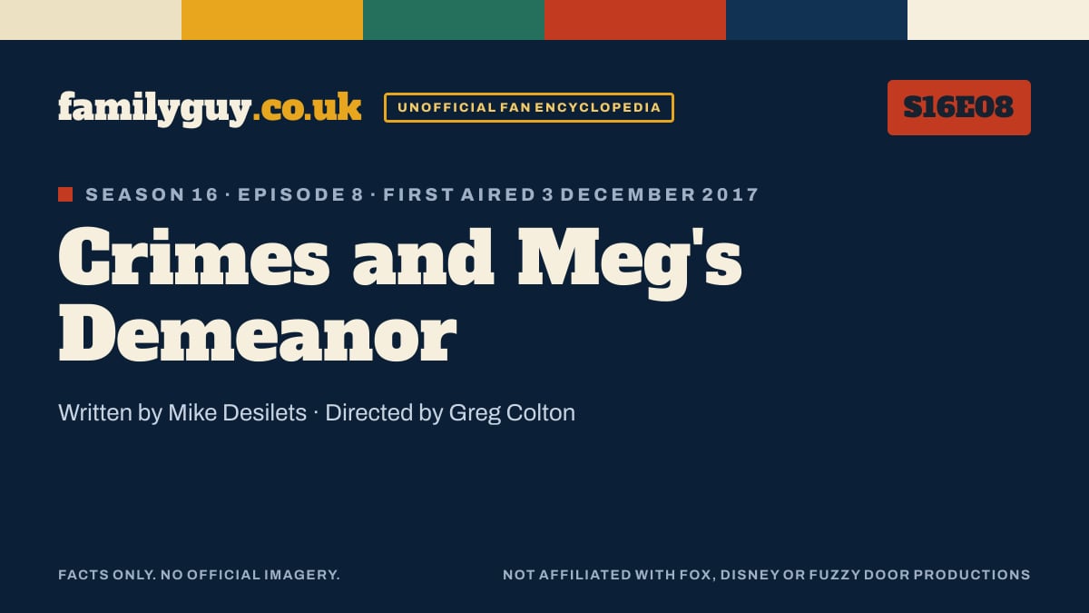 Crimes and Meg's Demeanor, Family Guy S16E08, title card in the familyguy.co.uk design