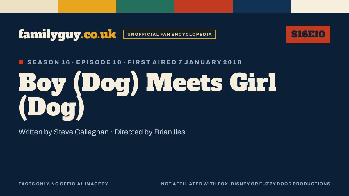 Boy (Dog) Meets Girl (Dog), Family Guy S16E10, title card in the familyguy.co.uk design