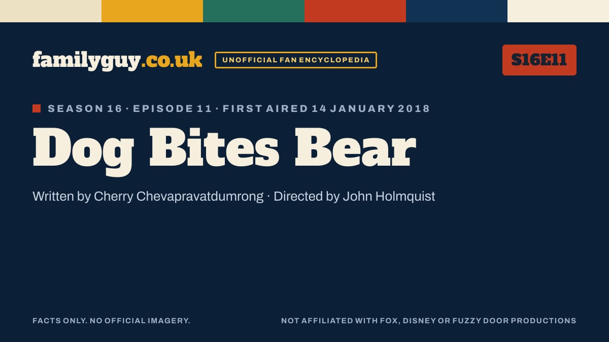 Dog Bites Bear, Family Guy S16E11, title card in the familyguy.co.uk design