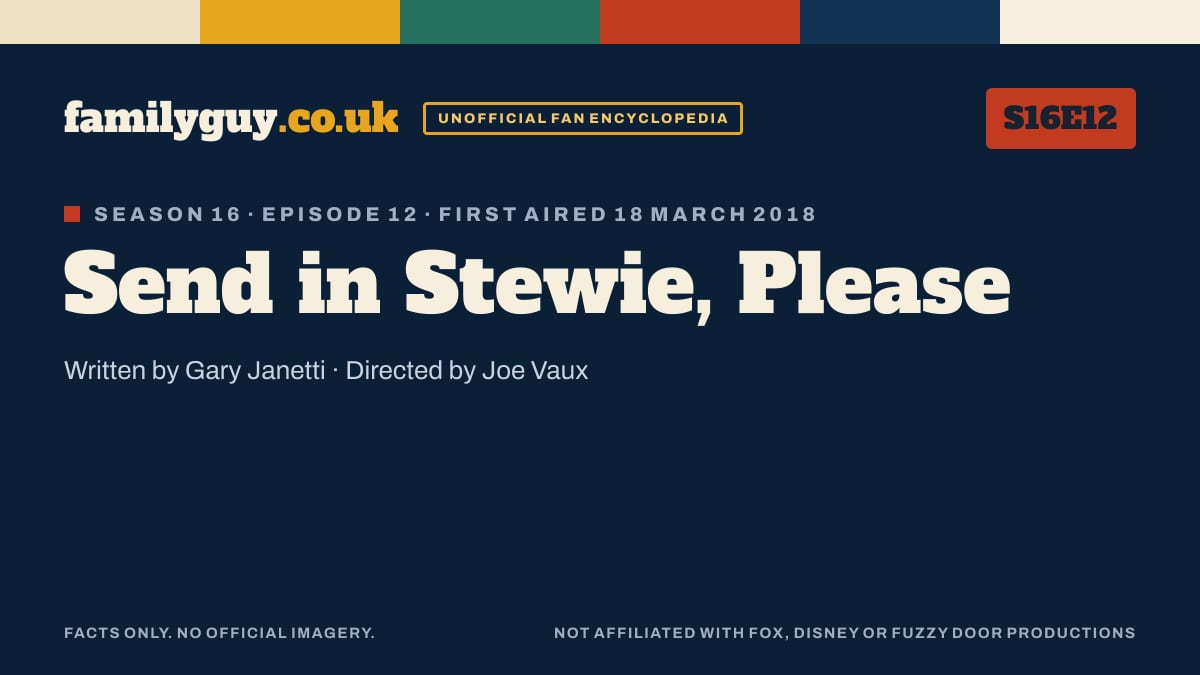 Send in Stewie, Please, Family Guy S16E12, title card in the familyguy.co.uk design