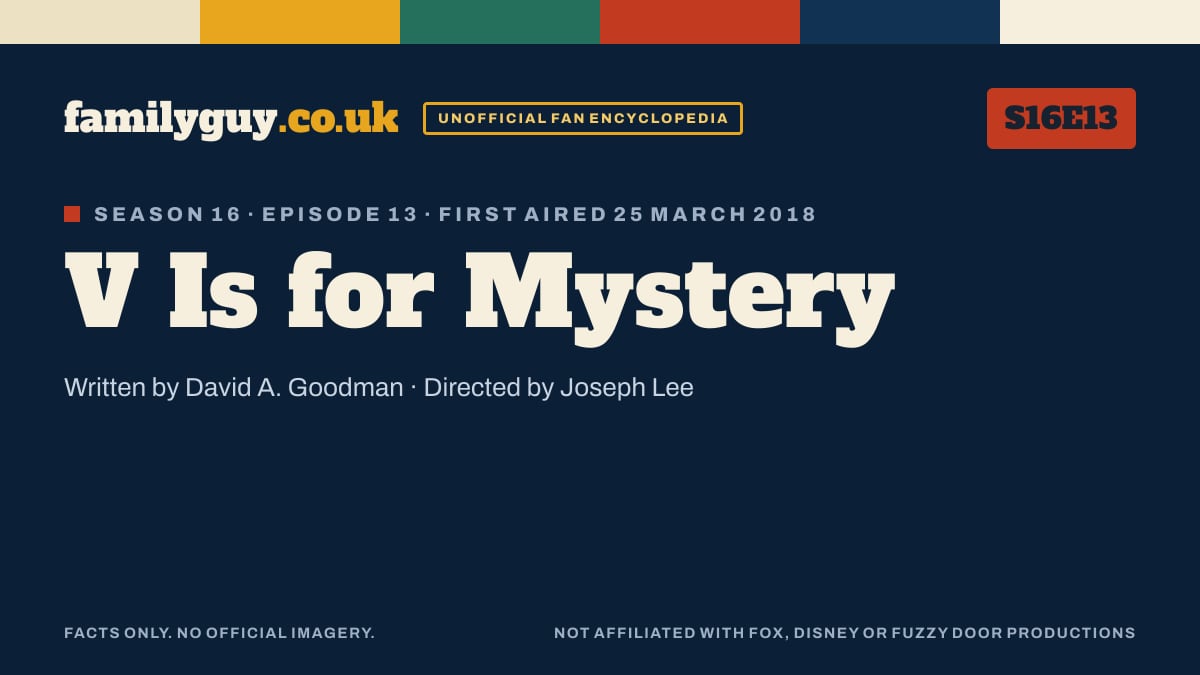 V Is for Mystery, Family Guy S16E13, title card in the familyguy.co.uk design