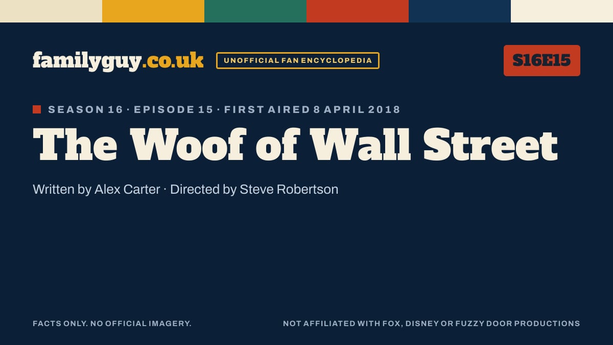 The Woof of Wall Street, Family Guy S16E15, title card in the familyguy.co.uk design