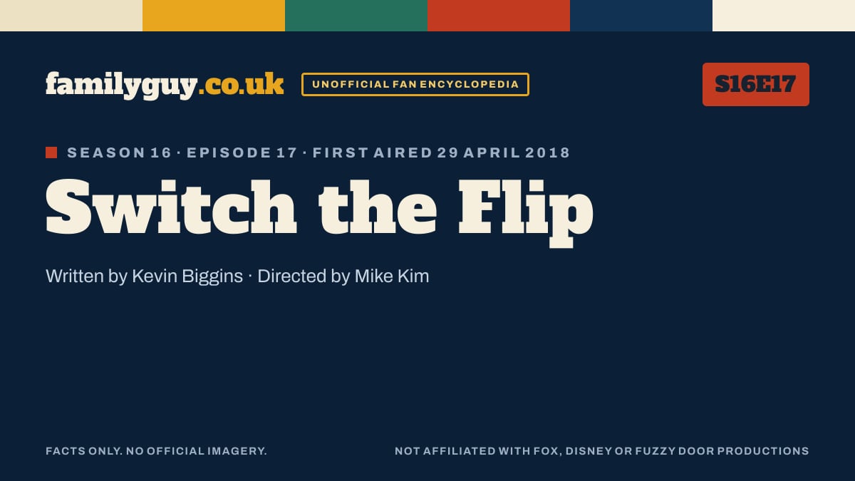 Switch the Flip, Family Guy S16E17, title card in the familyguy.co.uk design