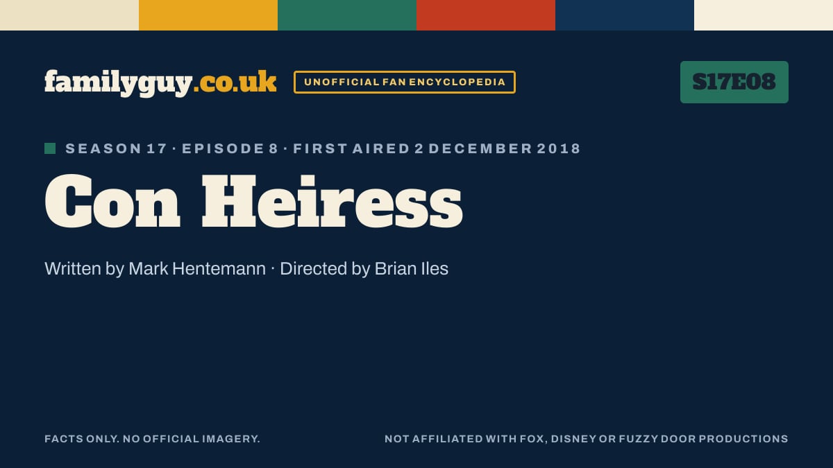 Con Heiress, Family Guy S17E08, title card in the familyguy.co.uk design