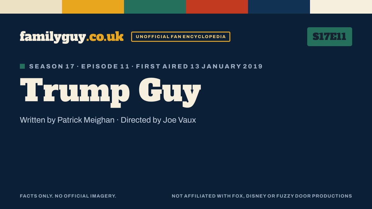 Trump Guy, Family Guy S17E11, title card in the familyguy.co.uk design