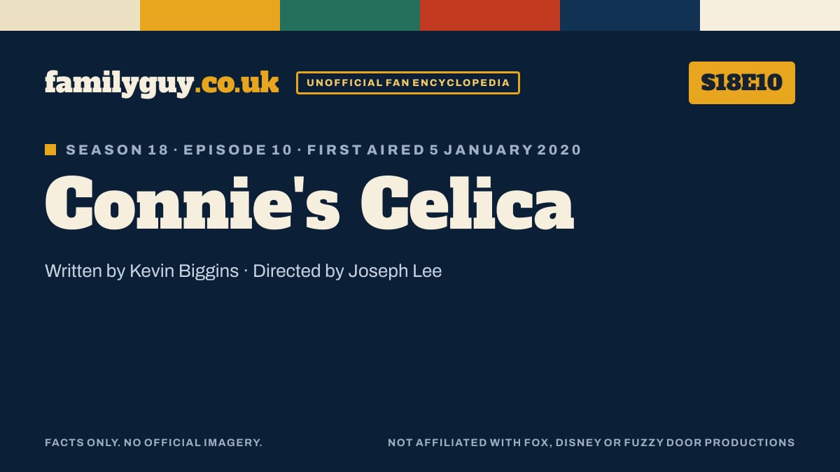 Connie's Celica, Family Guy S18E10, title card in the familyguy.co.uk design