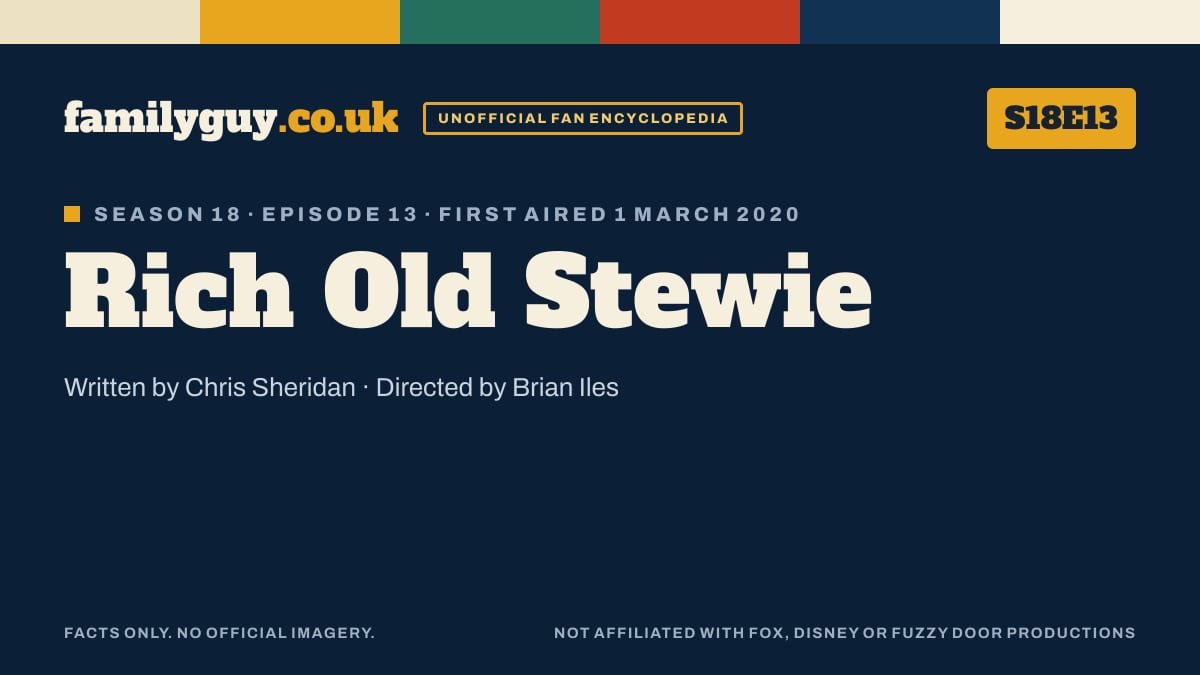 Rich Old Stewie, Family Guy S18E13, title card in the familyguy.co.uk design