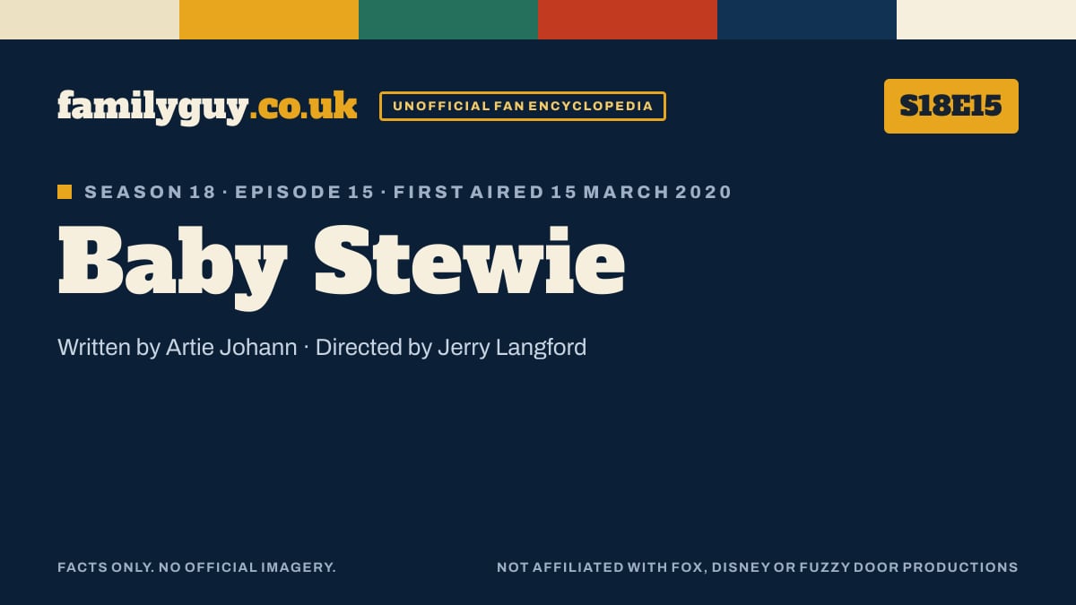 Baby Stewie, Family Guy S18E15, title card in the familyguy.co.uk design