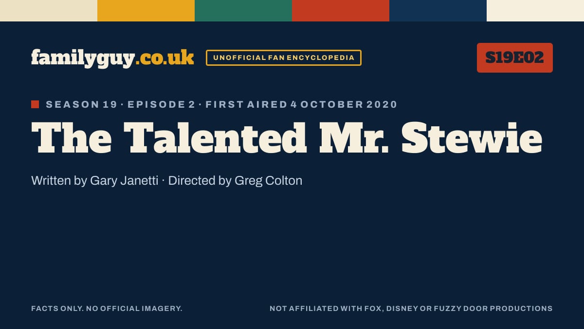 The Talented Mr. Stewie, Family Guy S19E02, title card in the familyguy.co.uk design