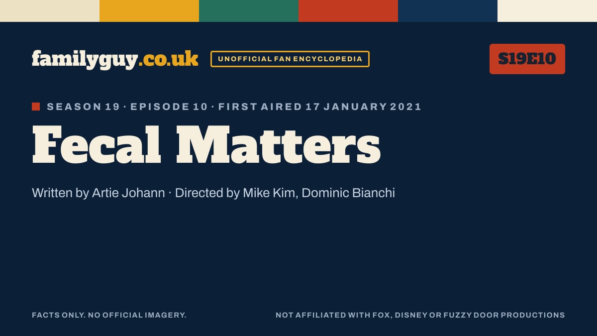 Fecal Matters, Family Guy S19E10, title card in the familyguy.co.uk design