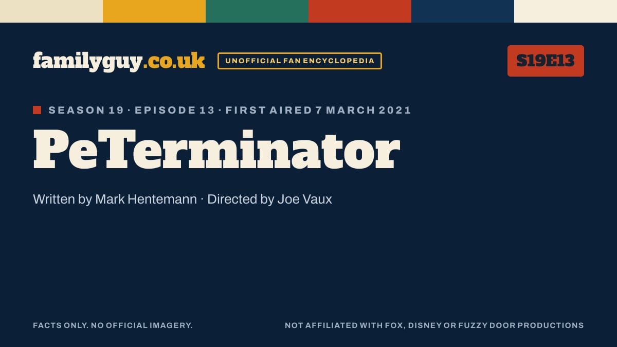 PeTerminator, Family Guy S19E13, title card in the familyguy.co.uk design