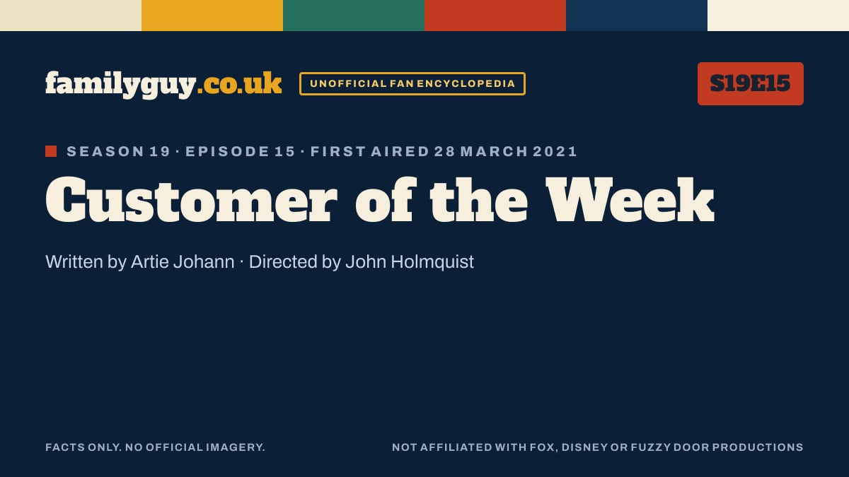 Customer of the Week, Family Guy S19E15, title card in the familyguy.co.uk design