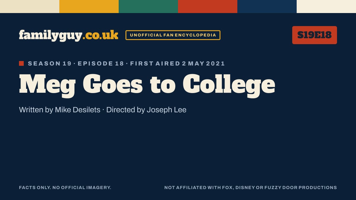 Meg Goes to College, Family Guy S19E18, title card in the familyguy.co.uk design