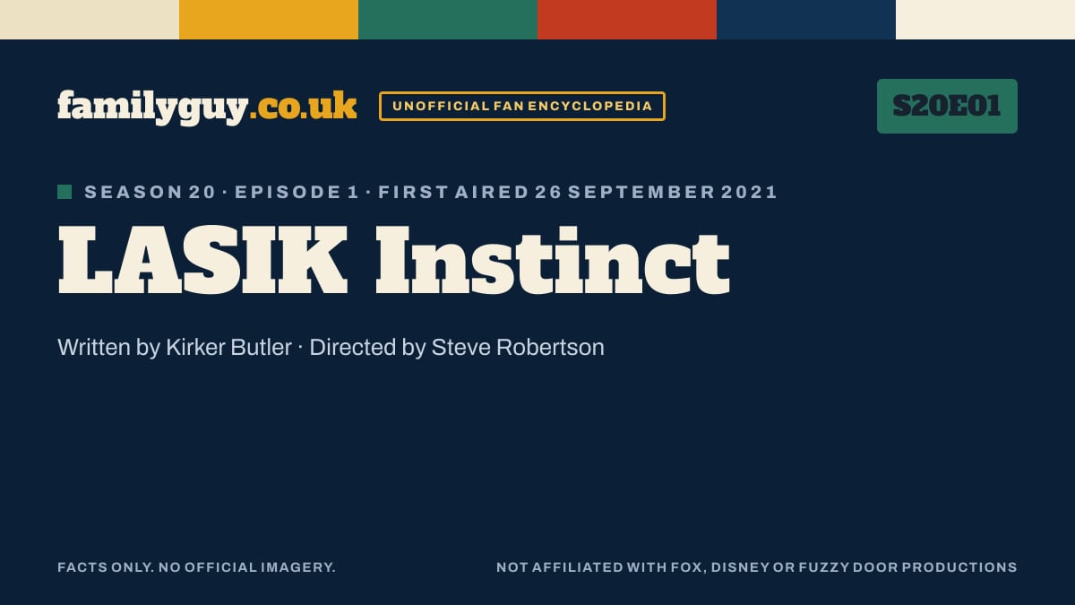 LASIK Instinct, Family Guy S20E01, title card in the familyguy.co.uk design